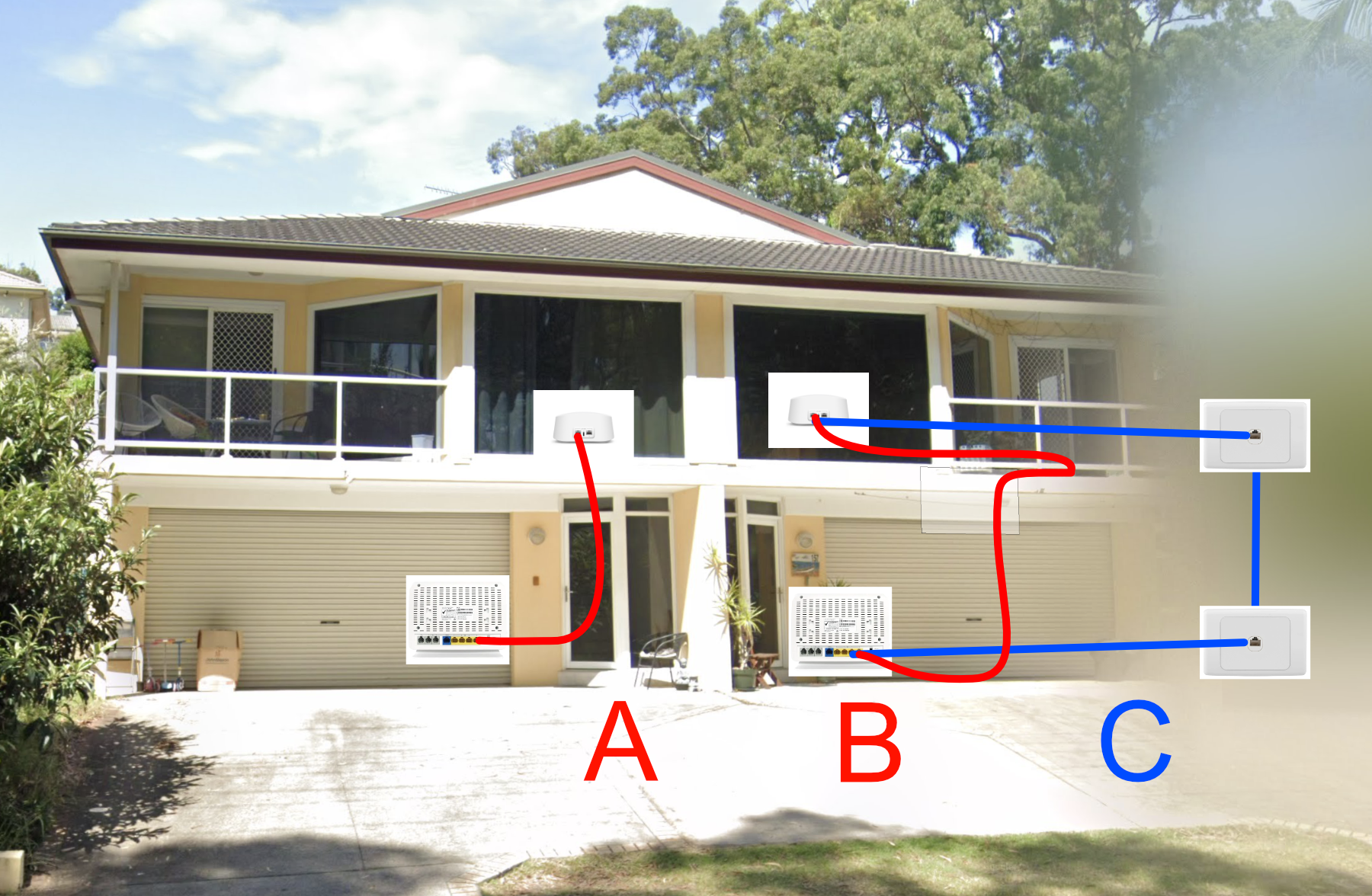Diagram showing cable route options from downstairs to upstairs